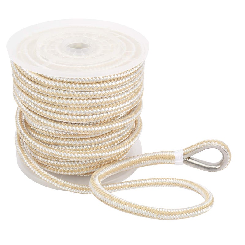NovelBee 1/2 Inch X 100 Feet Double Braid Nylon Anchor Line with Stainless Steel Thimble and Plastic Chuck (White/Gold) - Image 1